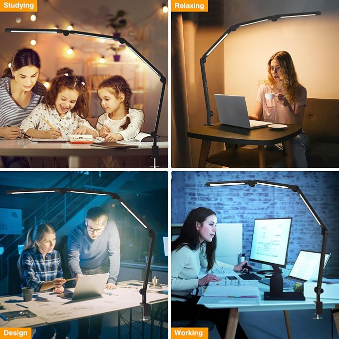 LED Desk Lamp with Clamp,Adjustable Swing Arm Desk Lamps for Home Office,Dimmable Tempering Eye Care Desk Light,Bright Modern Led Table Lamp for Nail Tech Architect,Flexible Tall Task Table Light - LeafyLoom