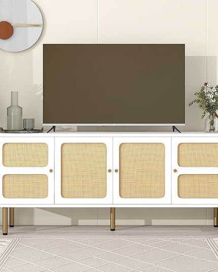 Merax Boho TV Stand with Rattan Door, Woven Media Console Table for Television Up to 70”, Country Style Design Side Board with Gold Metal Base for Living Room, 64.9" length, White - LeafyLoom