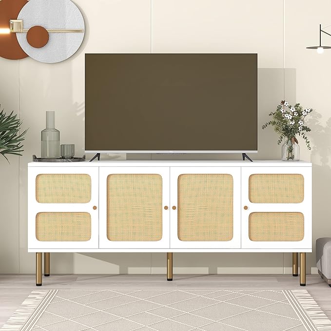 Merax Boho TV Stand with Rattan Door, Woven Media Console Table for Television Up to 70”, Country Style Design Side Board with Gold Metal Base for Living Room, 64.9" length, White - LeafyLoom