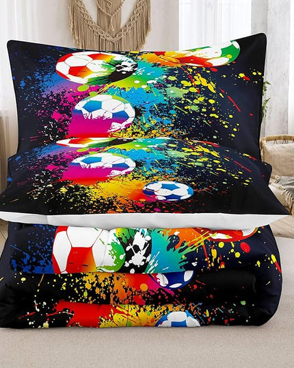 Bodhi Boys Teen Comforter Set Queen,Soccer Comforter Set Queen,Boys Sports Comforter Set Queen,Rainbow Graffiti Football Bedding Set for Boys,Kids,Teens with Matching Pillowcases - LeafyLoom