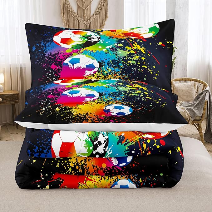 Bodhi Boys Teen Comforter Set King,Soccer Comforter Set King,Boys Sports Comforter Set King,Rainbow Graffiti Football Bedding Set for Boys,Kids,Teens with Matching Pillowcases - LeafyLoom