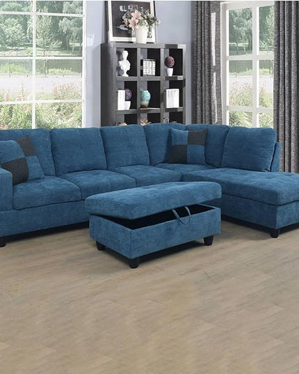 ROOMTEC 3 Piece L Shaped Sectional Sofa Set with Storage Ottoman, Right Facing Chaise Longue, Reversible Backrest w/ 2 Cup Holders, Flannel Tufted Cushions, for Living Room, Blue - LeafyLoom
