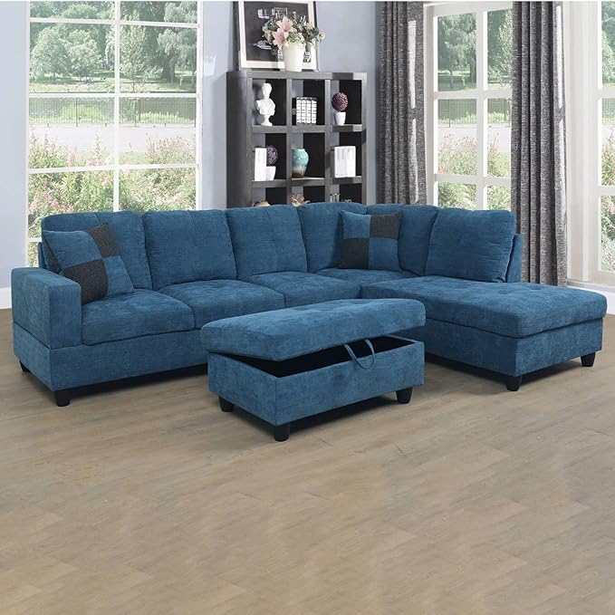 ROOMTEC 3 Piece L Shaped Sectional Sofa Set with Storage Ottoman, Right Facing Chaise Longue, Reversible Backrest w/ 2 Cup Holders, Flannel Tufted Cushions, for Living Room, Blue - LeafyLoom