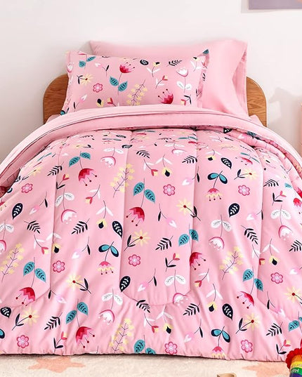 SLEEP ZONE Kids Bedding Comforter Set Full/Queen Size - Super Cute & Soft Kids Bedding 7 Pieces Set with Comforter, Sheet, Pillowcase & Sham (Pink Flower) - LeafyLoom
