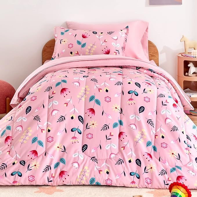 SLEEP ZONE Kids Twin Bedding Comforter Set - Super Cute & Soft Kids Bedding 5 Pieces Set with Comforter, Sheet, Pillowcase & Sham (Pink Flower) - LeafyLoom