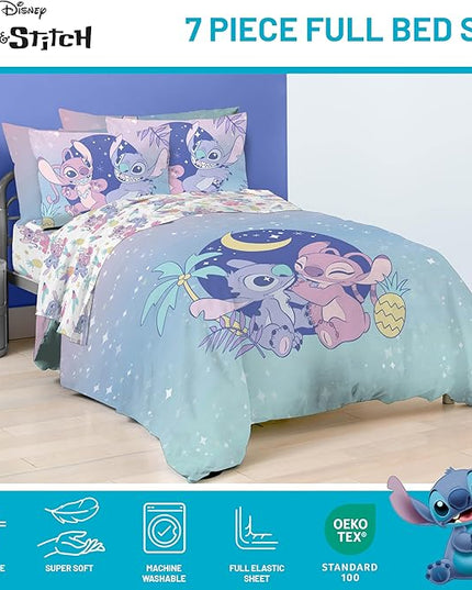 Disney Lilo and Stitch Full Size Comforter Set - 7 Piece Floral Bedding includes Sheet Set & Pillow Covers Features Angel - Super Soft Purple & Teal Stars Kids Bedding - LeafyLoom