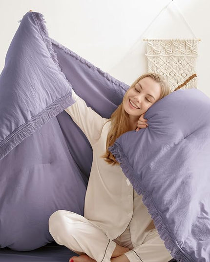 Andency Grayish Lavender Purple Comforter Set Queen, Boho Tassel Lightweight Bedding Comforter Sets, 3 Pieces All Season Soft Fluffy Fringe Bed Set (90x90In Comforter & 2 Pillowcases) - LeafyLoom
