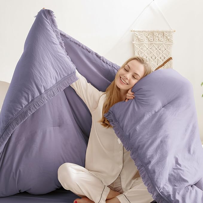 Andency Grayish Lavender Purple Comforter Set Queen, Boho Tassel Lightweight Bedding Comforter Sets, 3 Pieces All Season Soft Fluffy Fringe Bed Set (90x90In Comforter & 2 Pillowcases) - LeafyLoom