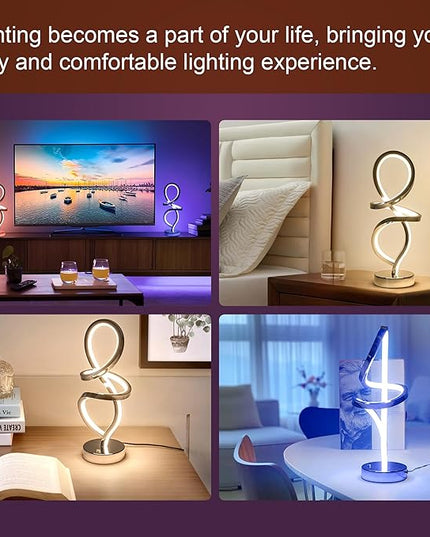 Modern Table Lamp, RGB Table Lamp，LED Spiral Lamp, Silver Bedside Lamp with 7 Colors 10 Light Modes, Touch Dimmable Nightstand Lamp for Bedroom Living Room Home Office, 15W - LeafyLoom