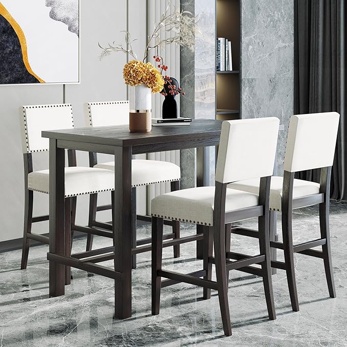 5 Piece Counter Height Dining Set for 4 Person, Include Classic Elegant Solid Wood Table and Four Padded Backrest Chairs, Farmhouse Home Furniture for Kitchen, Living Room, Espresso+Light Gray - LeafyLoom