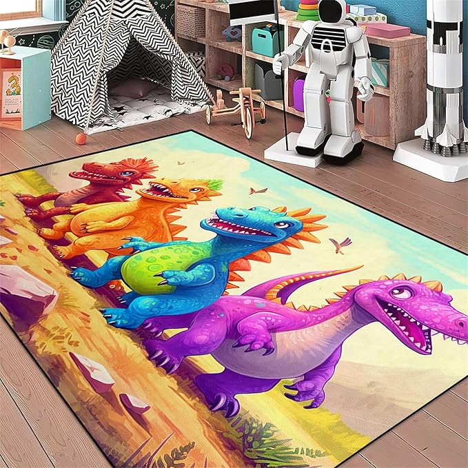 Dinosaur Rugs for Boys Bedroom - Cartoon Dinosaur Rug Dinosaur Carpet Playroom Mat for Kids Room Colorful Cute Dino Rug for Room Kids Carpet for Bedroom,4'5''×6' - LeafyLoom