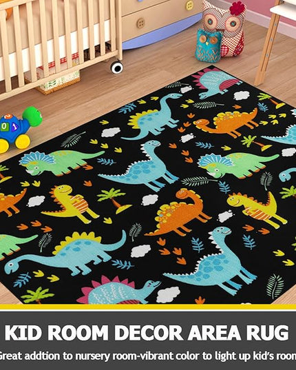 Capslpad Black Dinosaur Kids Play Rugs for Boys Bedroom Cute Cartoon Dinosaur Decor Kids Area Rug Non-Slip Washable Dinosaur Carpet Rugs for Kids Room,Playroom,Boys Bedroom,5'×6.6' - LeafyLoom