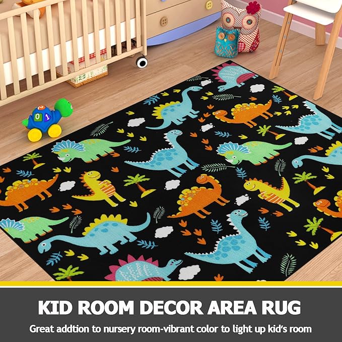 Capslpad Black Dinosaur Kids Play Rugs for Boys Bedroom Cute Cartoon Dinosaur Decor Kids Area Rug Non-Slip Washable Dinosaur Carpet Rugs for Kids Room,Playroom,Boys Bedroom,5'×6.6' - LeafyLoom