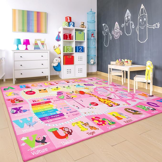 Chicrug Educational Kid Area Rug for Playroom, 4x6 Feet TPR Non Slip Kids Classroom Carpet Rug for Learning ABC Animal, Shape Color Fruit, Washable Play Mat Rug for Children Nursery Toddler Room Decor - LeafyLoom
