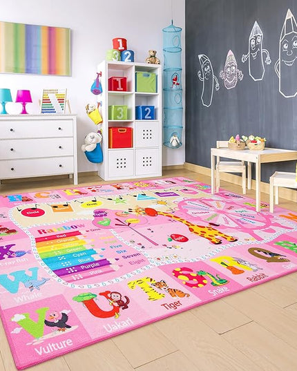 Chicrug Educational Kid Area Rug for Playroom, 5x7 Feet TPR Non Slip Kids Classroom Carpet Rug for Learning ABC Animal, Shape Color Fruit, Washable Play Mat Rug for Children Nursery Toddler Room Decor - LeafyLoom