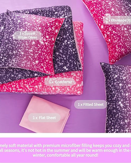 RYNGHIPY 6Pcs Twin Gradient Pink Purple Glitter Comforter Sets for Teens Girls Kids, Colorful Rainbow Glitter Themed Bedding Set - LeafyLoom