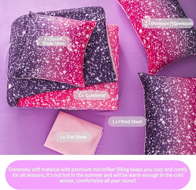 RYNGHIPY 6Pcs Full Gradient Pink Purple Glitter Comforter Sets for Teens Girls Kids, Colorful Rainbow Glitter Themed Bedding Set - LeafyLoom
