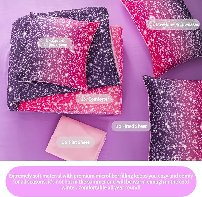 RYNGHIPY 6Pcs Queen Gradient Pink Purple Glitter Comforter Sets for Teens Girls Kids, Colorful Rainbow Glitter Themed Bedding Set - LeafyLoom