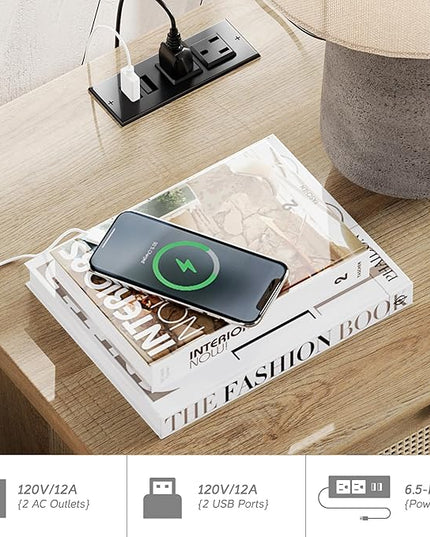 WAMPAT End Tables with Charging Station Set of 2, Rattan Side Table Farmhouse Nightstand with Drawer & Cabinet, Wooden Bedside Table with Power Outlets & USB Ports for Bedroom & Living Room, Burlywood - LeafyLoom