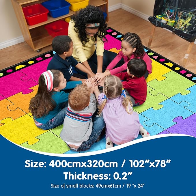 Booooom Jackson Classroom Rug 13'x10'4'' Puzzle Classroom Seating Rug for School Learning Area, Children's Colorful Seating Rug Classroom Carpet with Non-Slip Backing(Seats-30) - LeafyLoom