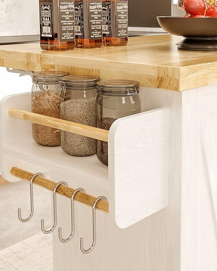 IRONCK Rolling Kitchen Island Cart with Drop-Leaf Countertop, Thicker Rubberwood Top, 3 Drawers, Barn Door Style Cabine, Spice Rack, on Wheels, for Kitchen and Dining Room, White - LeafyLoom