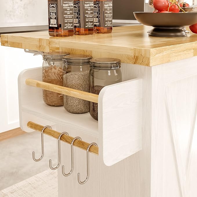 IRONCK Rolling Kitchen Island Cart with Drop-Leaf Countertop, Thicker Rubberwood Top, 3 Drawers, Barn Door Style Cabine, Spice Rack, on Wheels, for Kitchen and Dining Room, White - LeafyLoom