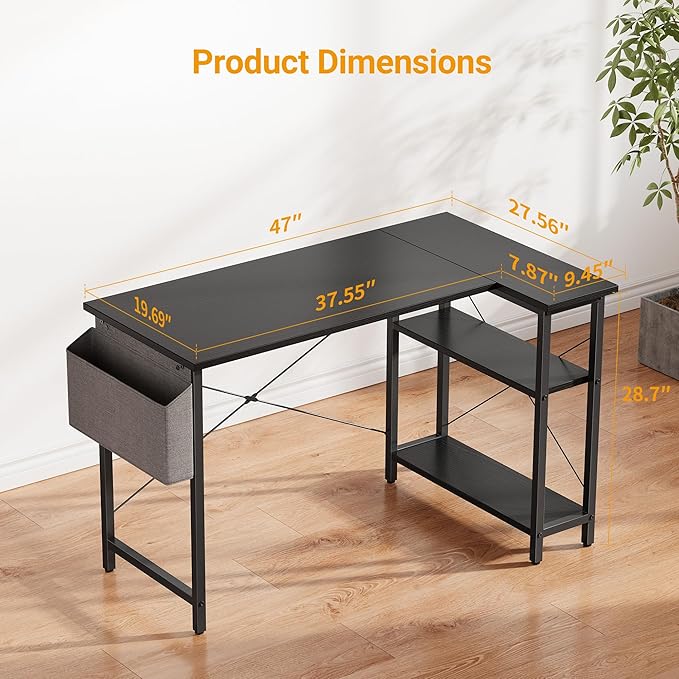 BANTI L Shaped Small Computer Desk with Storage Shelves, 47" Home Office Small Corner Desk Study Writing Table, Black - LeafyLoom