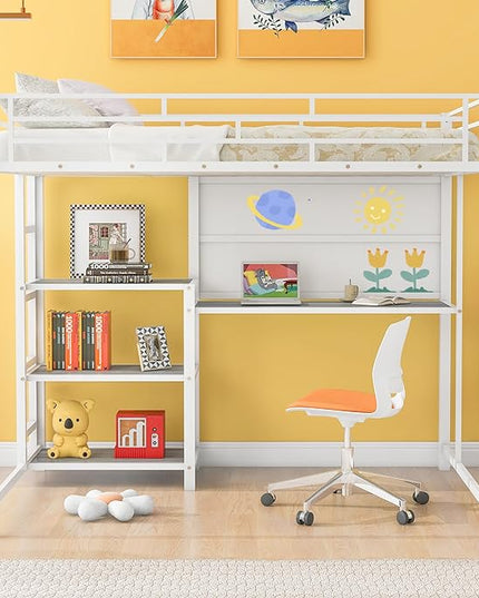 RITSU Full Size Loft Bed, Heavy Duty Metal Bunk Bedframe with Desk and Whiteboard, Safety Guardrail Fence & Ladder, 3 Big Storage Shelves, for Kids, Teens, White - LeafyLoom