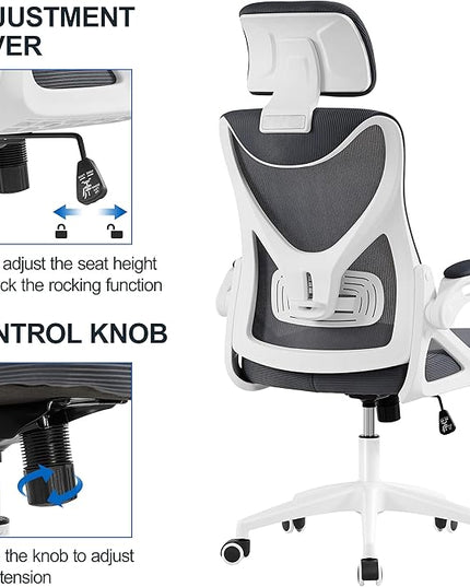 Yaheetech Ergonomic Mesh Office Chair, High Back Desk Chair with with flip-up Armrests, Adjustable Padded Headrest Computer Chair with Lumbar Support for Home Oiffce Game Room, White/Gray - LeafyLoom