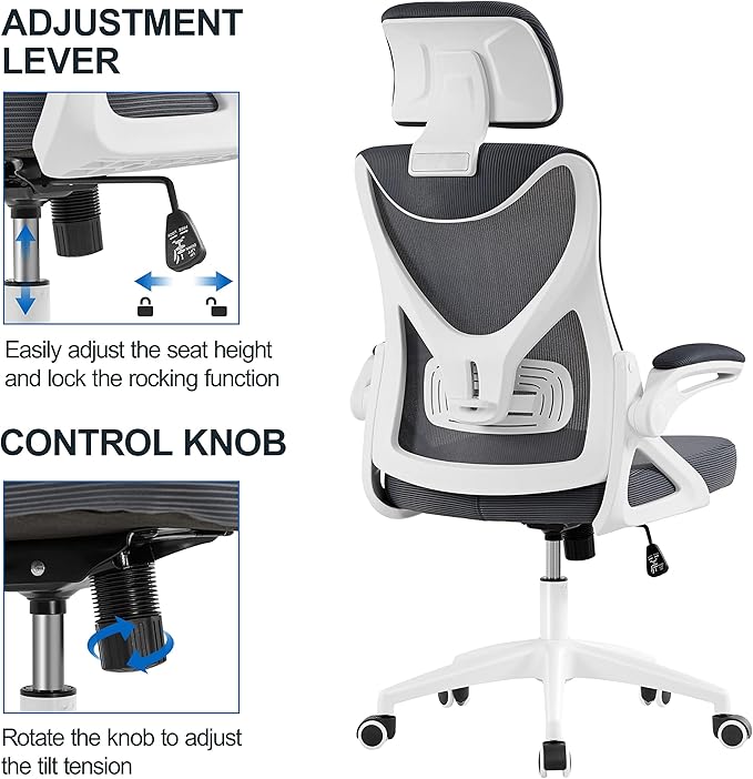 Yaheetech Ergonomic Mesh Office Chair, High Back Desk Chair with with flip-up Armrests, Adjustable Padded Headrest Computer Chair with Lumbar Support for Home Oiffce Game Room, White/Gray - LeafyLoom