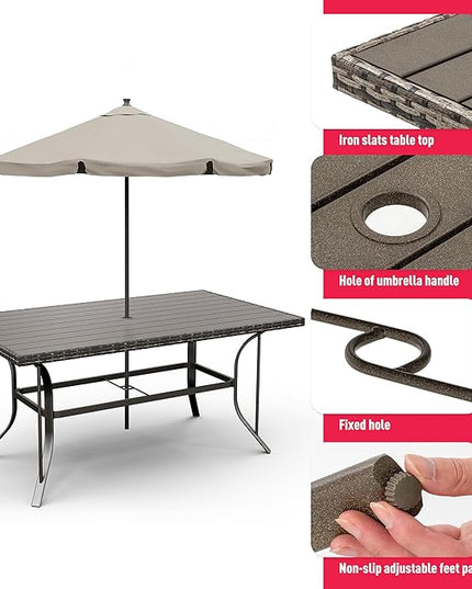 Pamapic Patio Table and Chairs Set, All-Weather Rattan Outdoor Table and Chairs with Removable Waterproof Cushions, Plastic-Wood Patio Dining Set for 6 with Umbrella Hole(Gray) - LeafyLoom