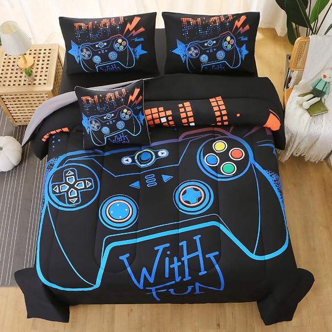 JQinHome Full Gaming Comforter Sets for Boys,6 Piece Bed in A Bag 3D Video Game Bedding -All Season Soft Microfiber Gamer Bedding Sets for Kids,Pillowcase, Flat Sheet, Fitted Sheet,Cushion Cover - LeafyLoom