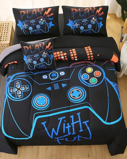 JQinHome Queen Gaming Comforter Sets for Boys,6 Piece Bed in A Bag 3D Video Game Bedding All Season Soft Microfiber Gamer Bedding Sets for Kids, Pillowcase, Flat Sheet, Fitted Sheet,Cushion Cover - LeafyLoom