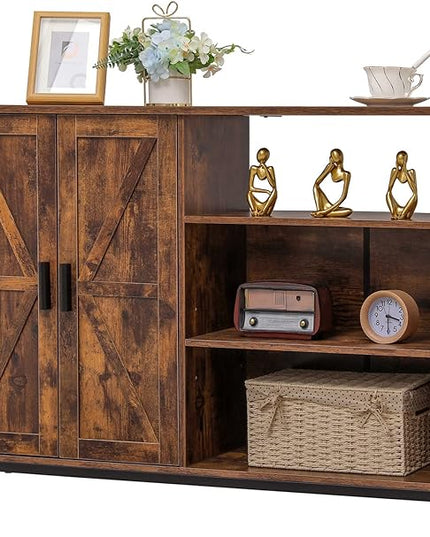 WEENFON Floor Storage Cabinet, Buffet Storage Cabinet with 2 Barn Doors, Industrial Sideboard with Adjustable Shelves, Buffet Table for Dining Room, Living Room, Kitchen, Rustic Brown - LeafyLoom