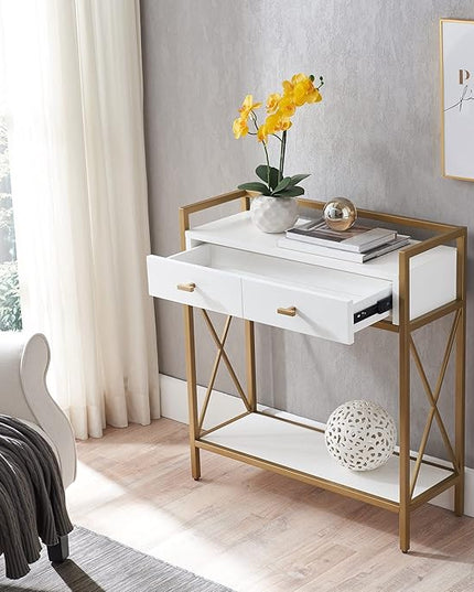 Leick Home 9231-WTGL Claudette Mixed Metal and Wood Hall Stand with Shelf, White/gold - LeafyLoom