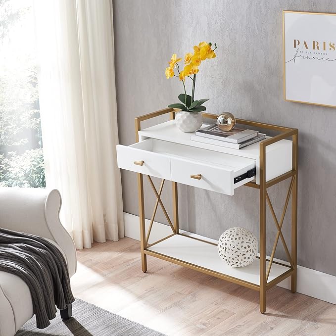 Leick Home 9231-WTGL Claudette Mixed Metal and Wood Hall Stand with Shelf, White/gold - LeafyLoom