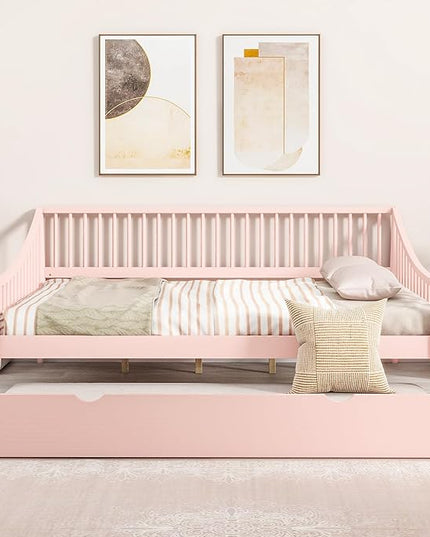 Full Size Daybed with Hideaway Trundle and Support Legs,Multi-functional Wood Bed Frame,W/Rails Three Sides,Easy to Assemble,for Bedroom,Living Room,Apartment,Pink - LeafyLoom