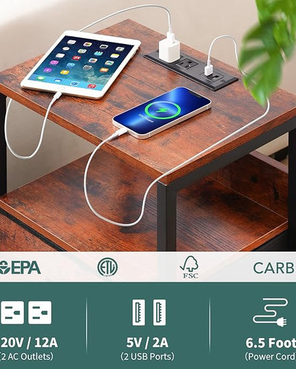 Yoobure Nightstand with Charging Station, Small Night Stand with Fabric Drawers and Storage Shelf for Bedrooms, Nightstands for Small Spaces Bedside Table with USB Ports & Outlets, Bed Side Table - LeafyLoom