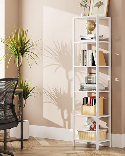 TUTOTAK Bookshelf, 6-Tier Tall Book Shelf, Narrow Bookcase for Small Space, DIY Stackable Bookshelf, for Living Room, Office, Study, Entryway, Industrial, White BS01BW006 - LeafyLoom