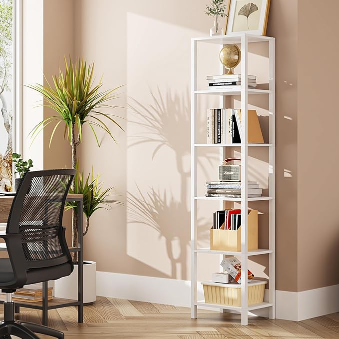 TUTOTAK Bookshelf, 6-Tier Tall Book Shelf, Narrow Bookcase for Small Space, DIY Stackable Bookshelf, for Living Room, Office, Study, Entryway, Industrial, White BS01BW006 - LeafyLoom