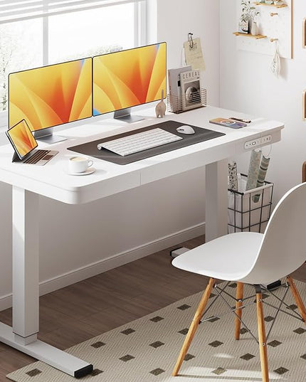 Electric Standing Desk with Drawer, 48 x 24 inches with Preassembled Top & USB Charging Ports, Height Adjustable for Home & Office, White - LeafyLoom