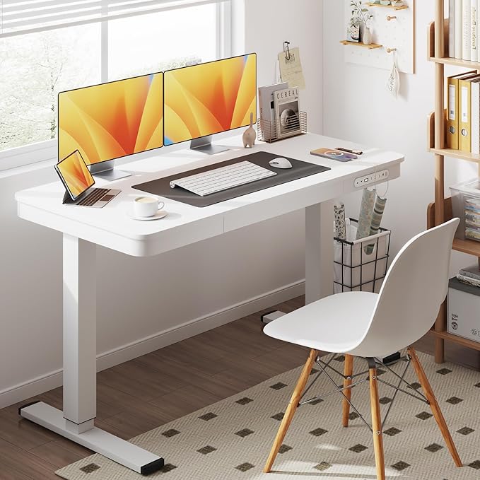 Electric Standing Desk with Drawer, 48 x 24 inches with Preassembled Top & USB Charging Ports, Height Adjustable for Home & Office, White - LeafyLoom