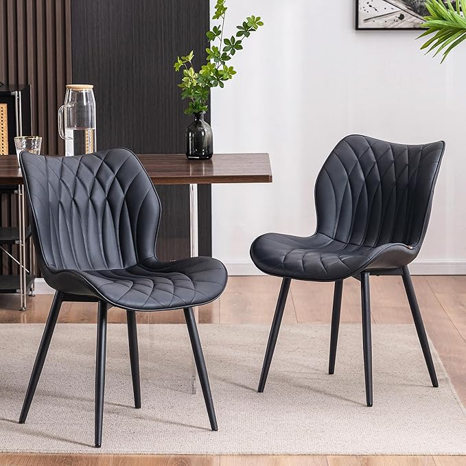 YOUNIKE Dining Chairs Set of 2, Upholstered Faux Leather Kitchen & Dining Room Chairs, Modern Living Room Bedroom Side Chairs with Wide Wing Back and Adjustable Metal Legs, Black - LeafyLoom