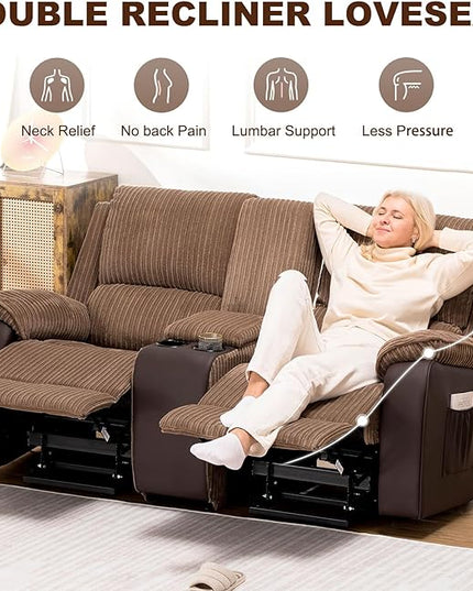 COMHOMA Double Reclining Sofa Chair, Power Lift Recliner Chair Loveseat with Storage Console, Recliner Sofa with Cup Holders Living Room Furniture (2 Seater) - LeafyLoom