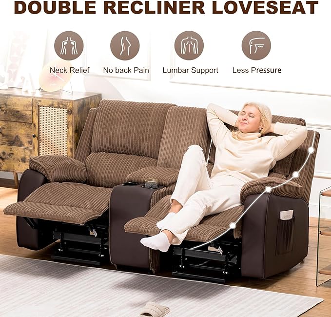 COMHOMA Double Reclining Sofa Chair, Power Lift Recliner Chair Loveseat with Storage Console, Recliner Sofa with Cup Holders Living Room Furniture (2 Seater) - LeafyLoom