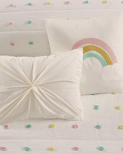 Quilt Set Cotton Jacquard Weave Colorful Poms Accent All Season Shabby Chic Bedding Coverlet Bedspred, Girls Bedroom Décor, Full Queen, Multi 5 Piece - LeafyLoom