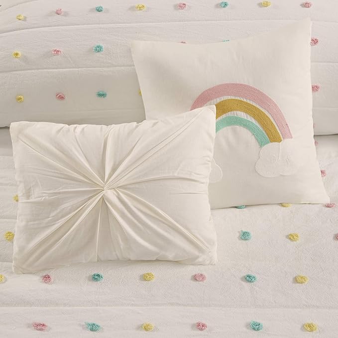 Quilt Set Cotton Jacquard Weave Colorful Poms Accent All Season Shabby Chic Bedding Coverlet Bedspred, Girls Bedroom Décor, Full Queen, Multi 5 Piece - LeafyLoom