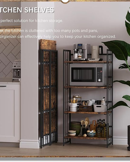 4NM No-Assembly 4 Tiers Folding Bookshelf Storage Shelves Vintage Bookcase Standing Racks Study Organizer Home Office - Rustic Brown and Black - LeafyLoom