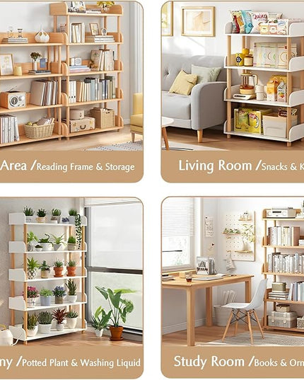 5-Tier Wooden Open Bookcase - Modern Display Bookshelf with Top Edge and Solid Wood Frame for Home and Office, Storage Cabinet, Oak - LeafyLoom