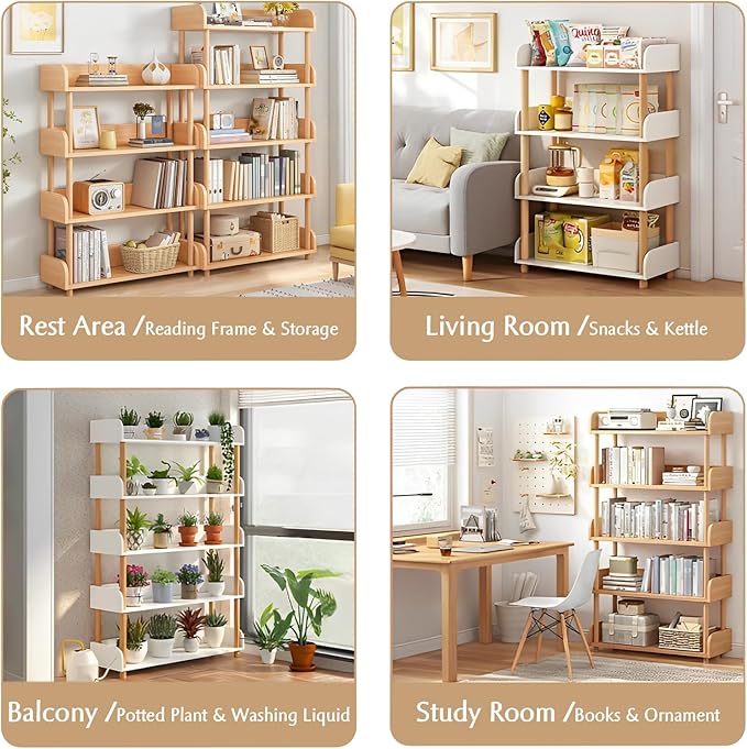5-Tier Wooden Open Bookcase - Modern Display Bookshelf with Top Edge and Solid Wood Frame for Home and Office, Storage Cabinet, Oak - LeafyLoom